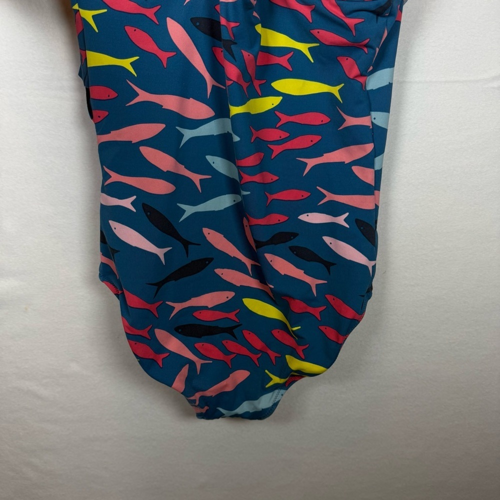 Garnet Hill Girls Size 12 Ruffle One-Piece Swimsuit Teal Fish Print Swimwear - Picture 4 of 7